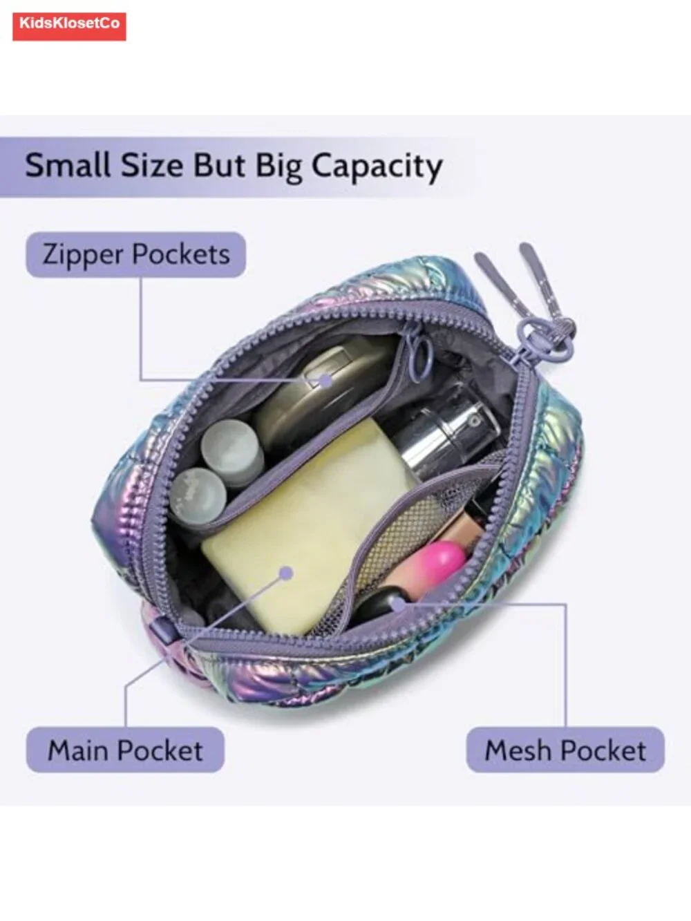 Quilted Puffer Makeup Bag with Crossbody Strap - Travel Toiletry Organizer